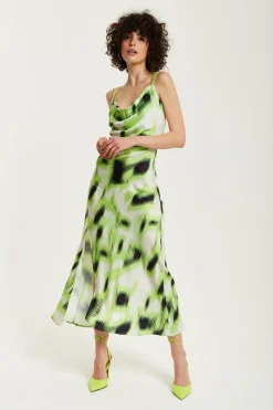 Women Liquorish And Black Abstract Print Cowl Neck Midi