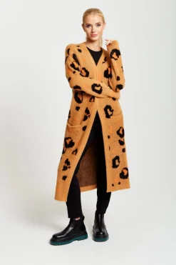 Women Liquorish Animal Pattern Longline Cardigan In Brown