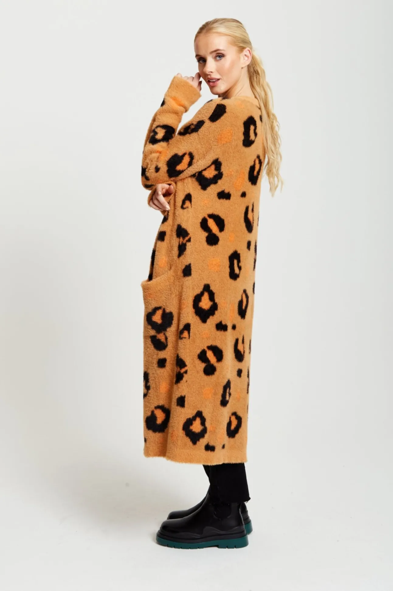 Women Liquorish Animal Pattern Longline Cardigan In Brown