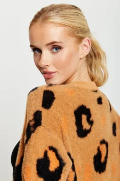 Women Liquorish Animal Pattern Longline Cardigan In Brown