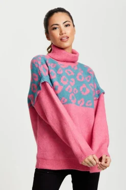 Women Liquorish Animal Pattern Roll Neck Jumper