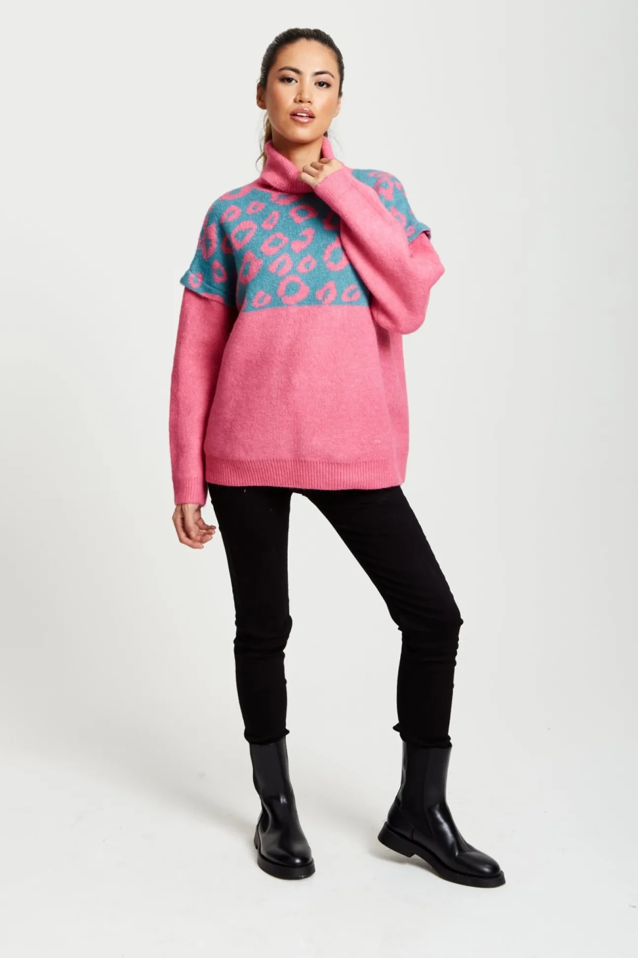 Women Liquorish Animal Pattern Roll Neck Jumper