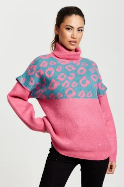 Women Liquorish Animal Pattern Roll Neck Jumper