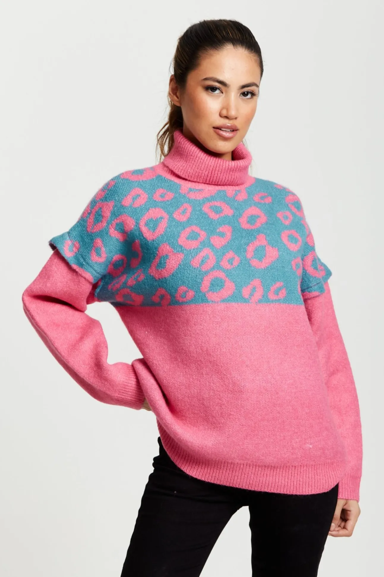 Women Liquorish Animal Pattern Roll Neck Jumper
