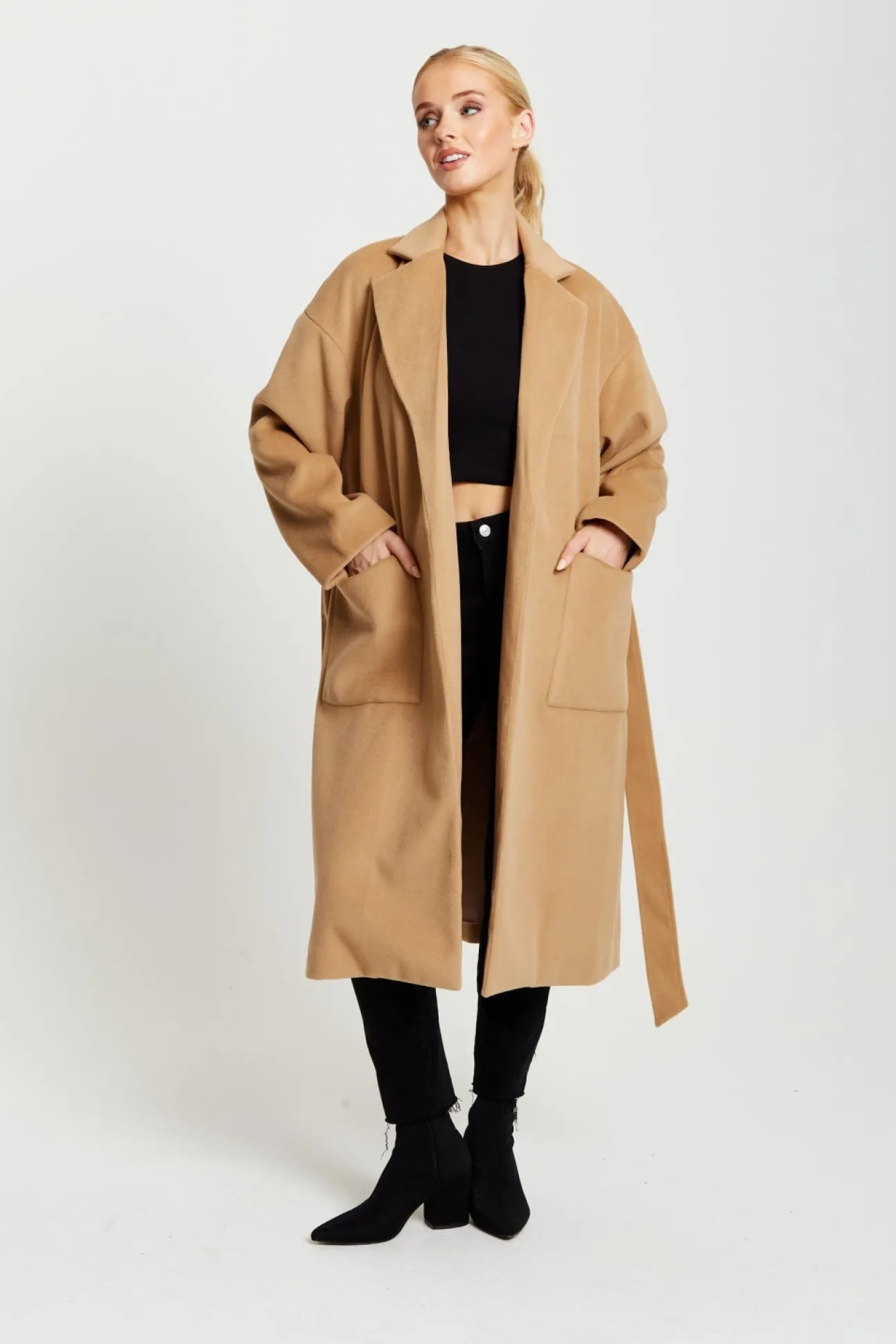 Women Liquorish Belted Longline Coat In