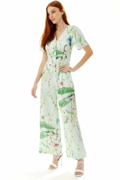 Women Liquorish Bird Print Jumpsuit In Mint Green