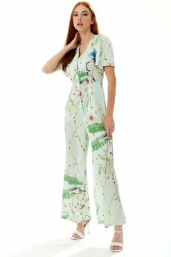 Women Liquorish Bird Print Jumpsuit In Mint Green