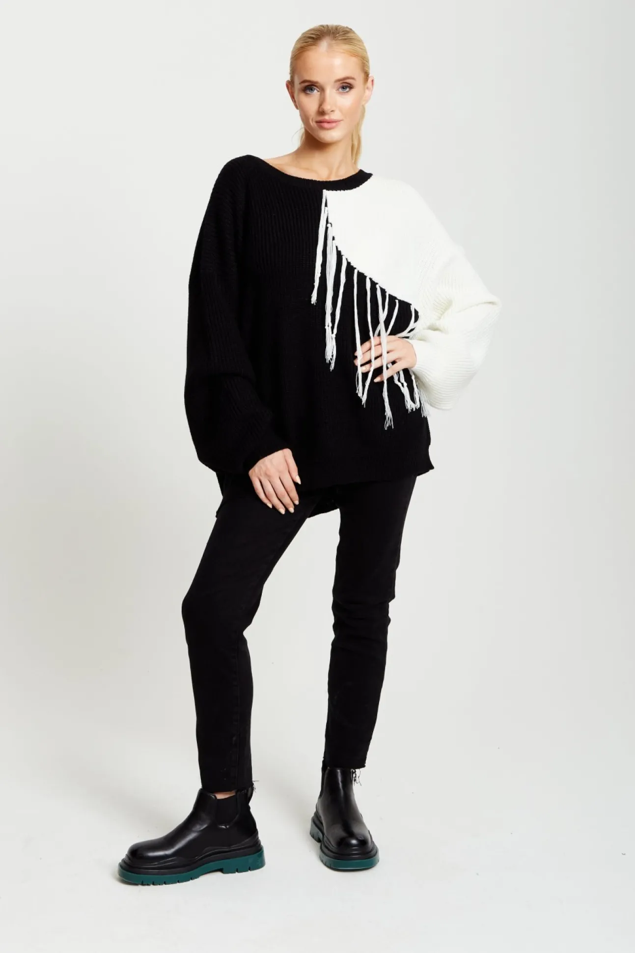 Women Liquorish Black And White Jumper With Tassel Detail