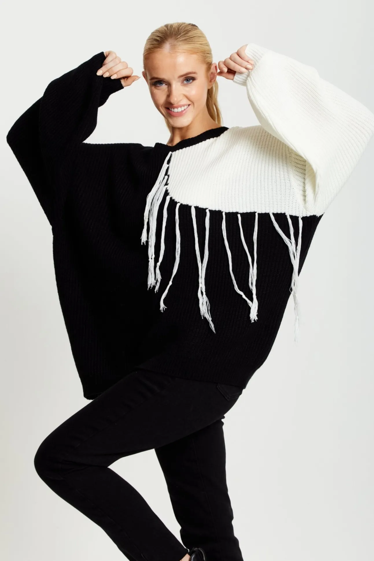 Women Liquorish Black And White Jumper With Tassel Detail