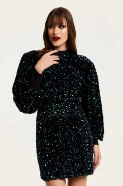 Women Liquorish Black Velvet Based Green And Blue Sequin Mini Dress