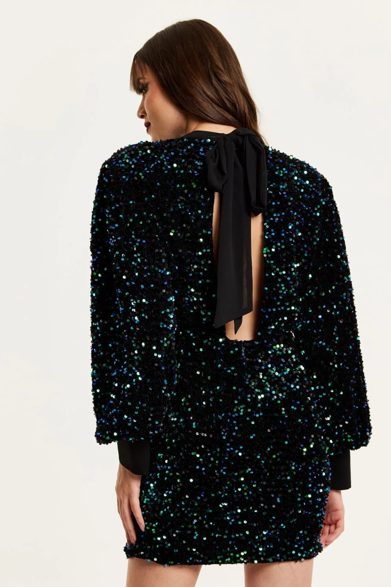 Women Liquorish Black Velvet Based Green And Blue Sequin Mini Dress