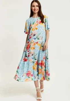 Women Liquorish Blue Floral Print Maxi Smock Dress