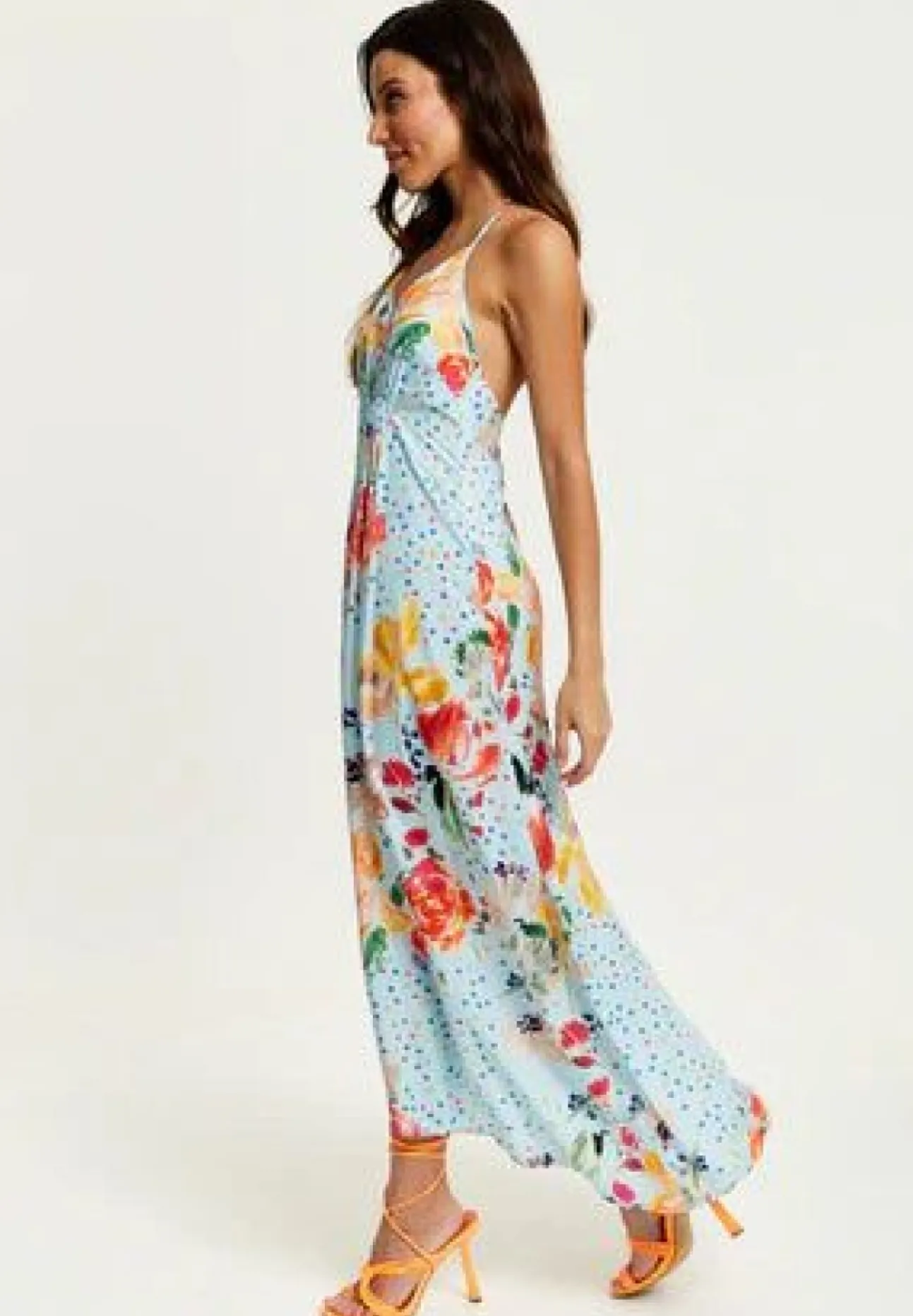 Women Liquorish Blue Floral Print Midi Asymmetrical Dress With Open Back