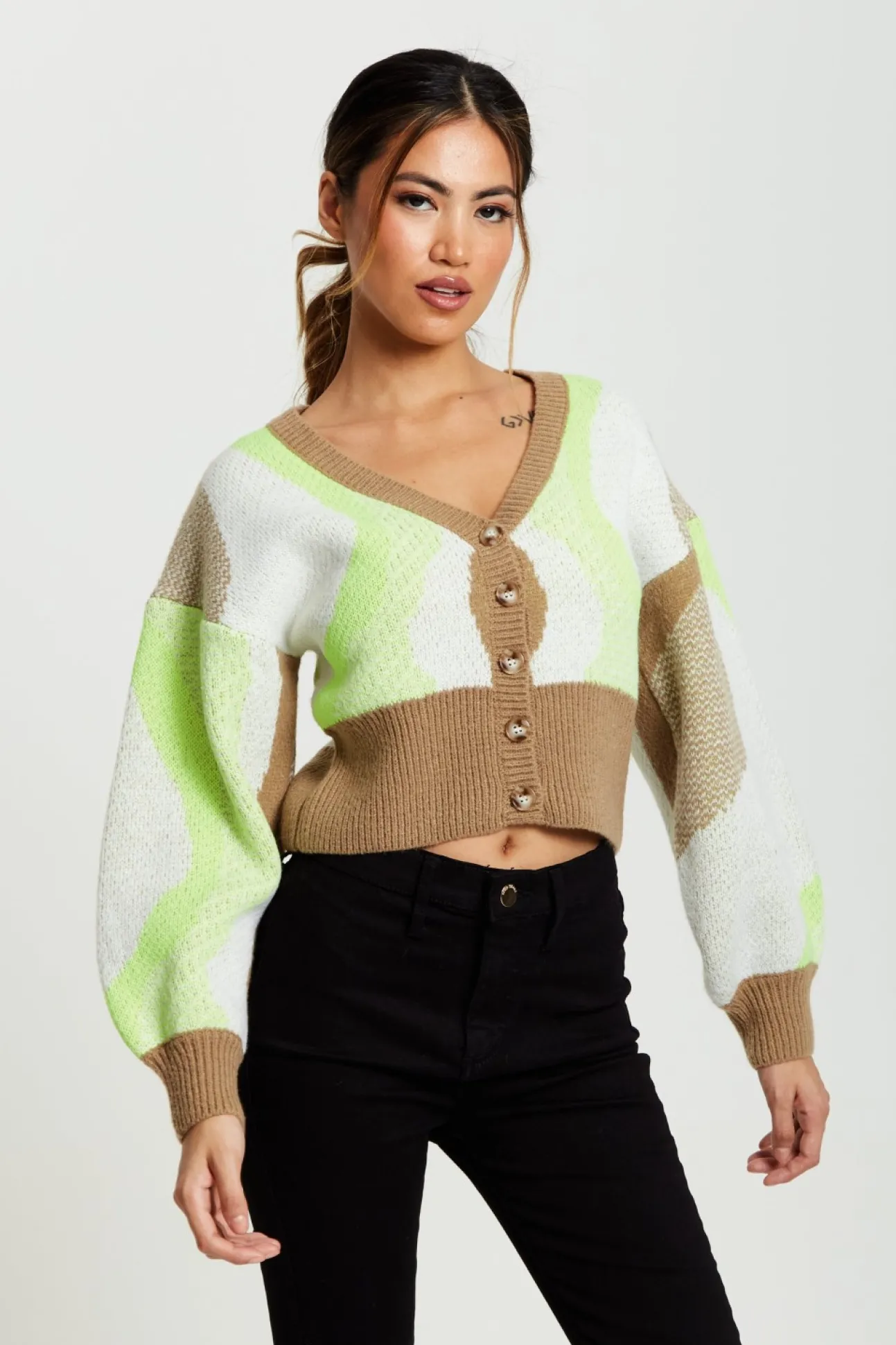 Women Liquorish Cardigan In Brown, Green And Cream