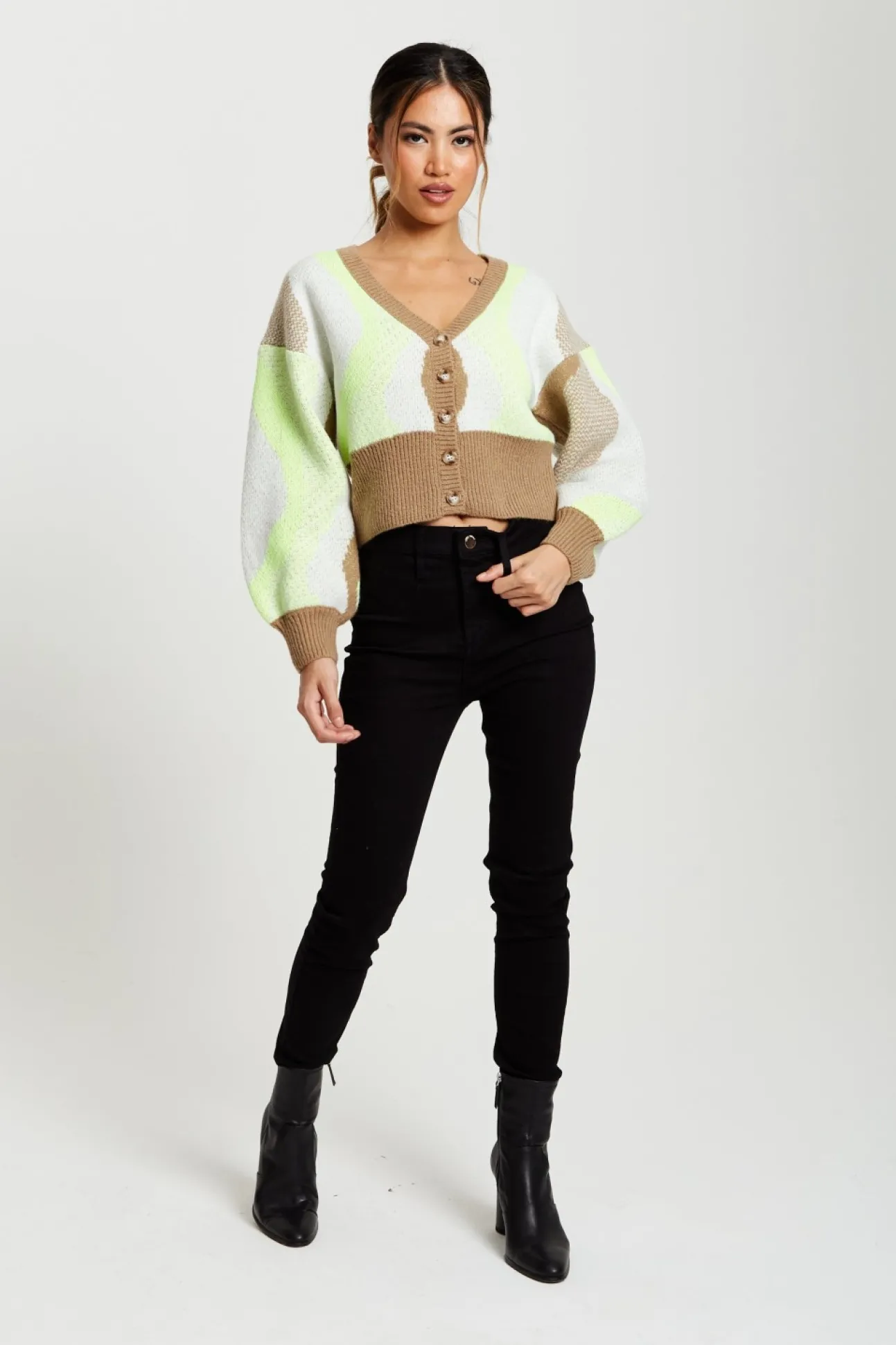 Women Liquorish Cardigan In Brown, Green And Cream