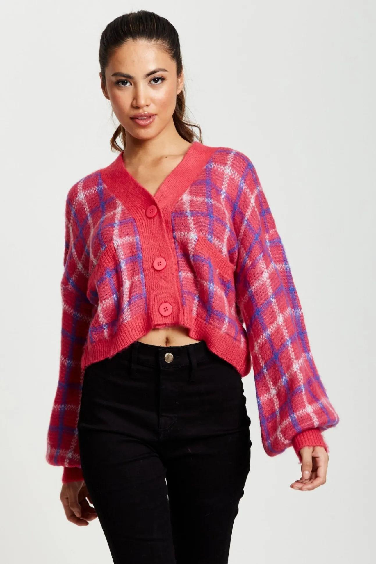Women Liquorish Check V-Neck Button Down Cardigan In