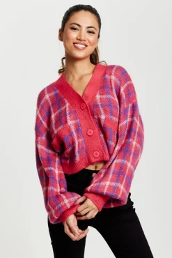 Women Liquorish Check V-Neck Button Down Cardigan In
