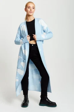 Women Liquorish Cloud Pattern Longline Cardigan In Light