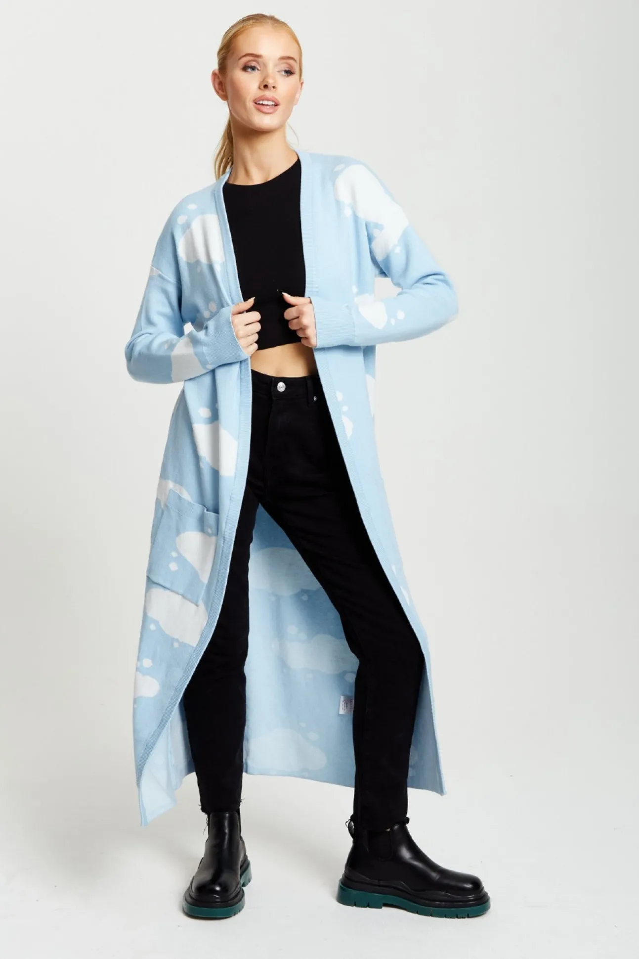 Women Liquorish Cloud Pattern Longline Cardigan In Light