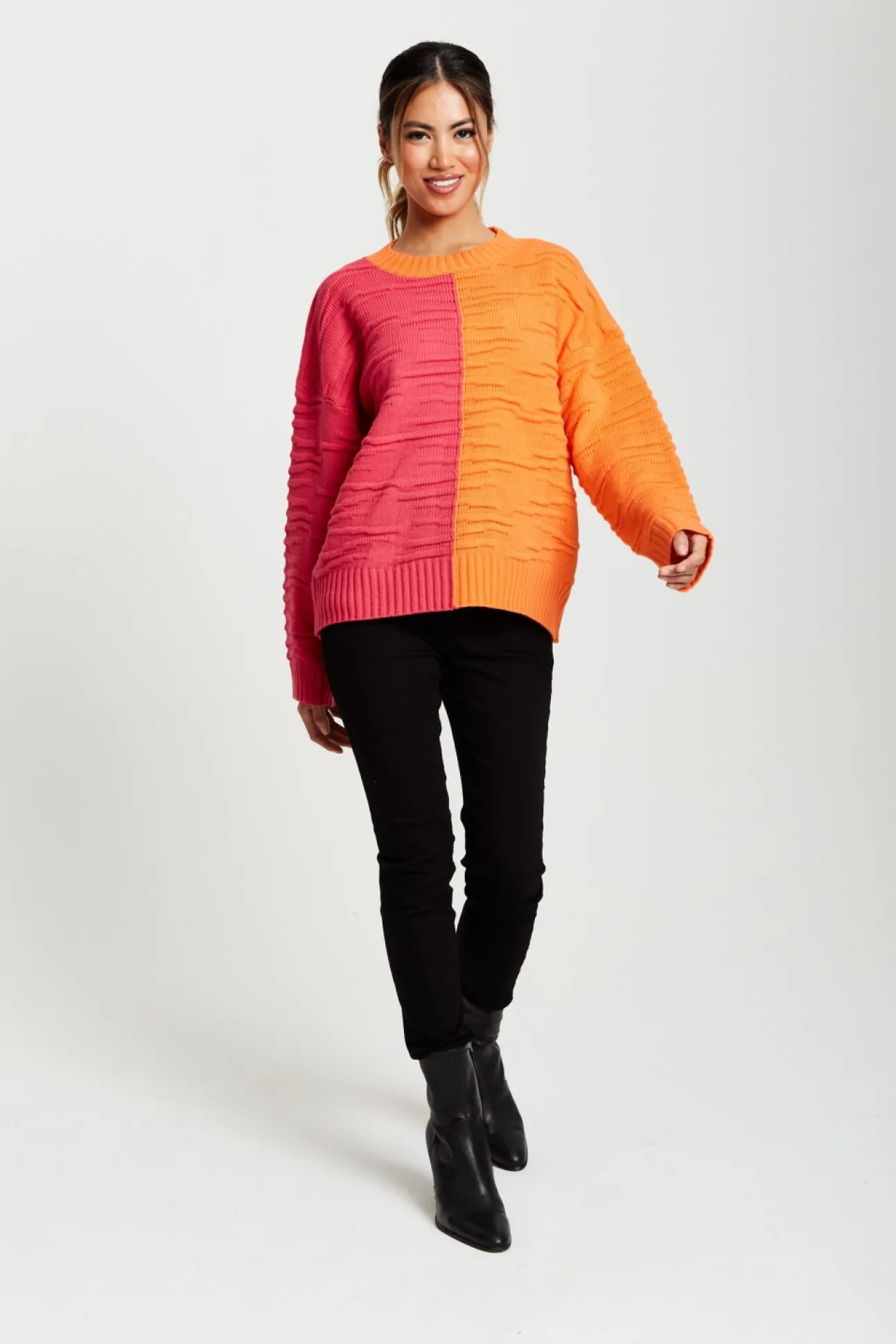 Women Liquorish Colour Block Jumper In Orange And Pink