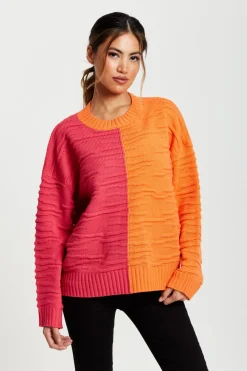Women Liquorish Colour Block Jumper In Orange And Pink
