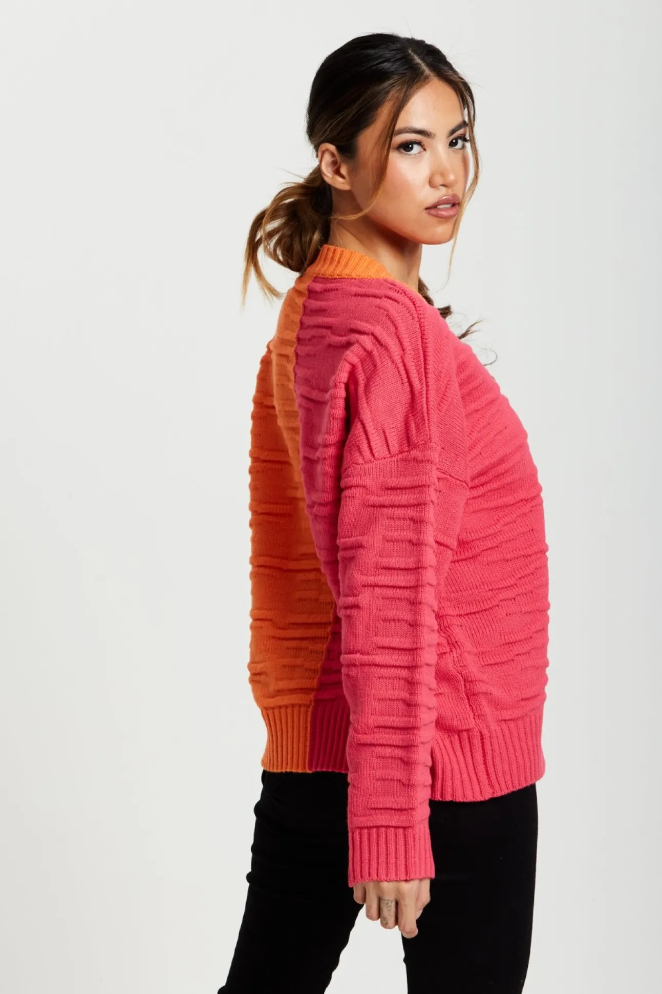 Women Liquorish Colour Block Jumper In Orange And Pink