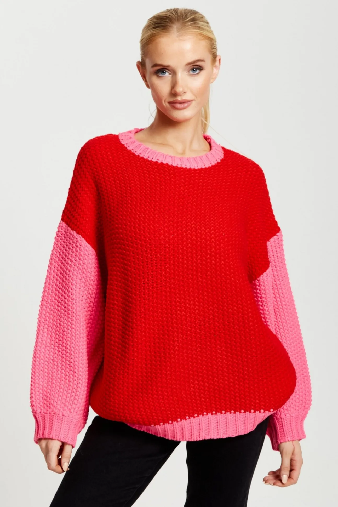 Women Liquorish Contrast Sleeve Jumper In Pink And Red