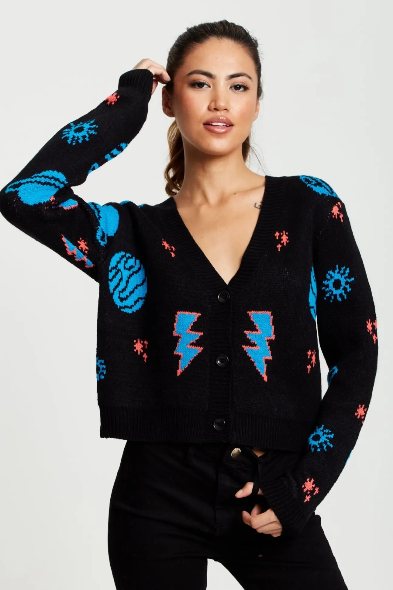 Women Liquorish Cosmic Pattern Cropped Cardigan In