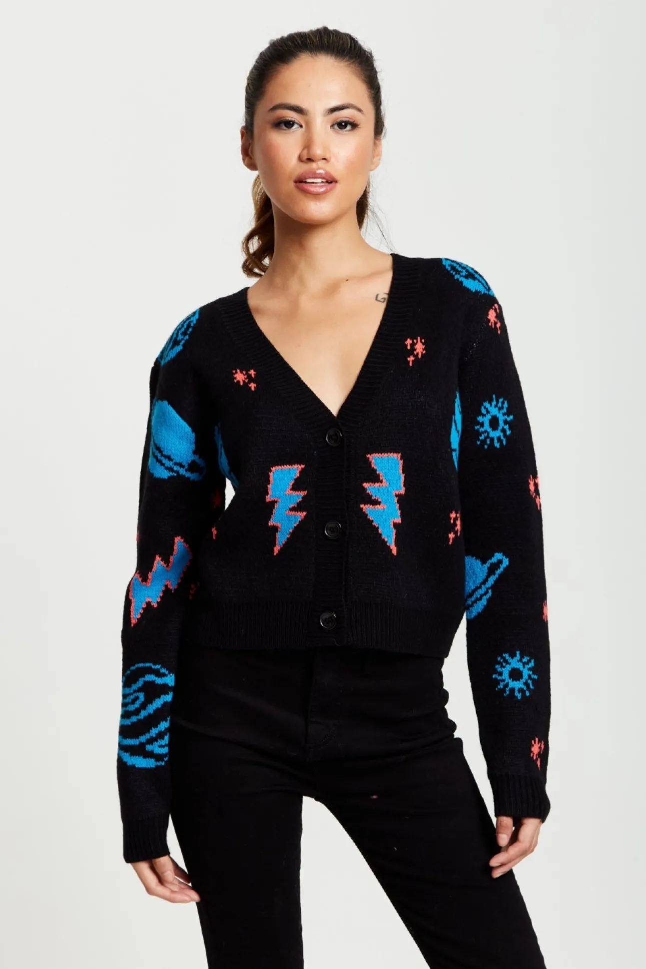 Women Liquorish Cosmic Pattern Cropped Cardigan In