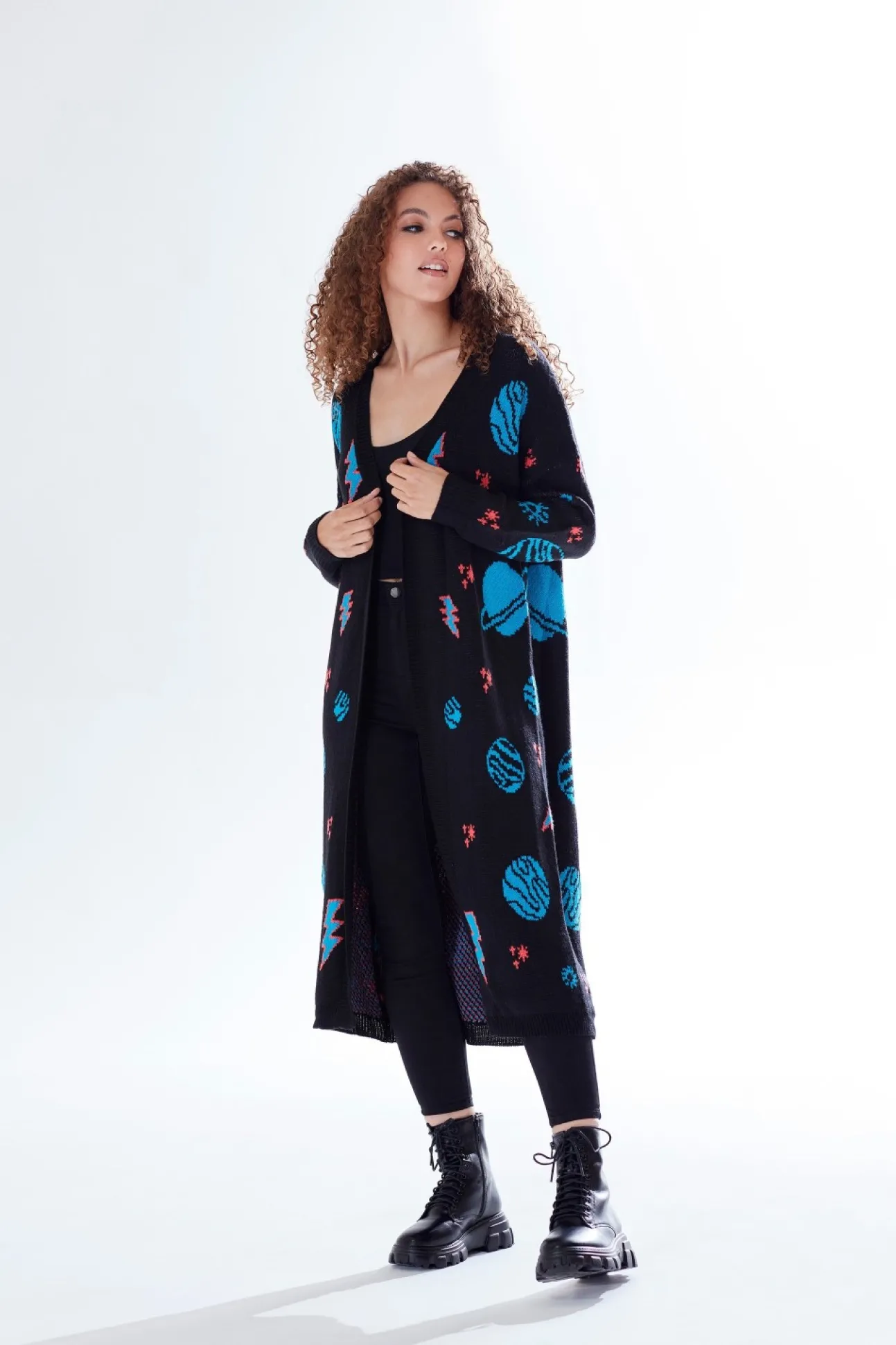 Women Liquorish Cosmic Pattern Open Front Cardigan In