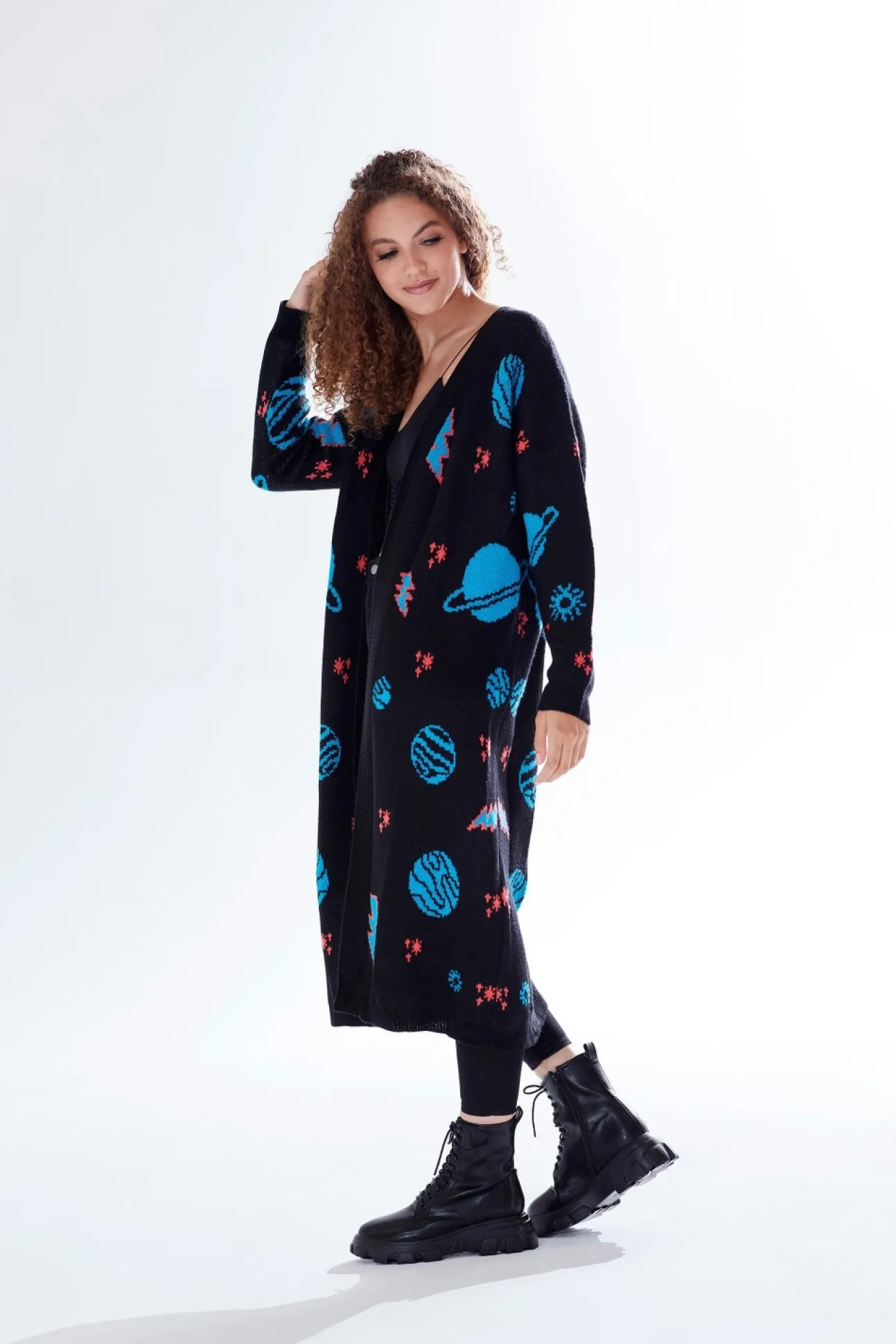 Women Liquorish Cosmic Pattern Open Front Cardigan In