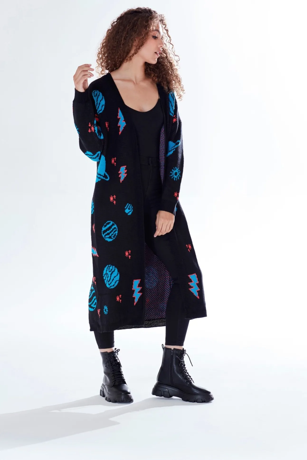 Women Liquorish Cosmic Pattern Open Front Cardigan In
