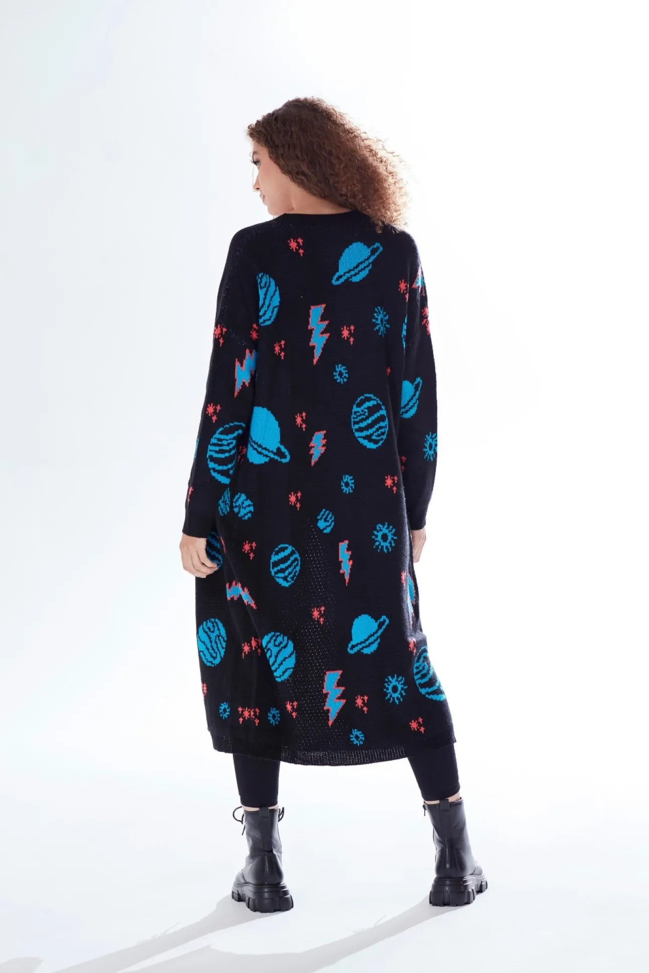 Women Liquorish Cosmic Pattern Open Front Cardigan In