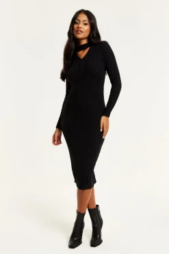 Women Liquorish Cut Out Front Cable Knit Midi Dress In