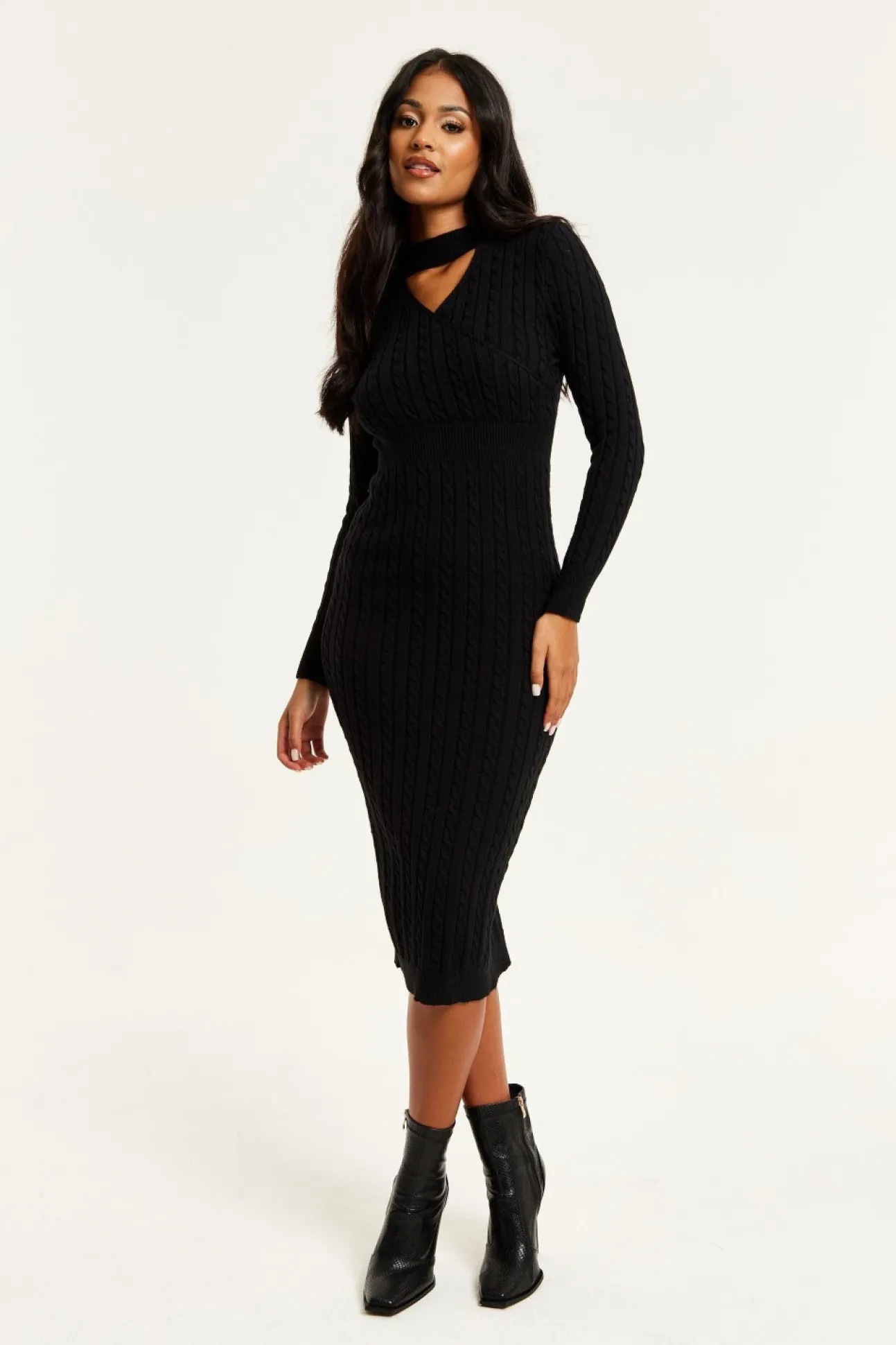 Women Liquorish Cut Out Front Cable Knit Midi Dress In