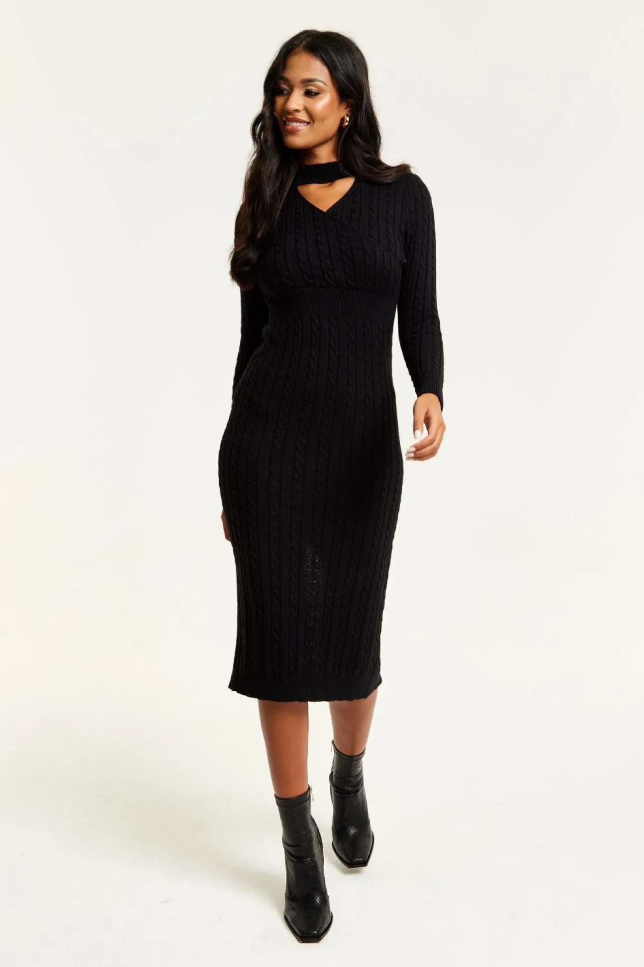Women Liquorish Cut Out Front Cable Knit Midi Dress In