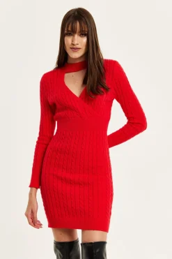 Women Liquorish Cut Out Front Cable Knit Mini Dress In