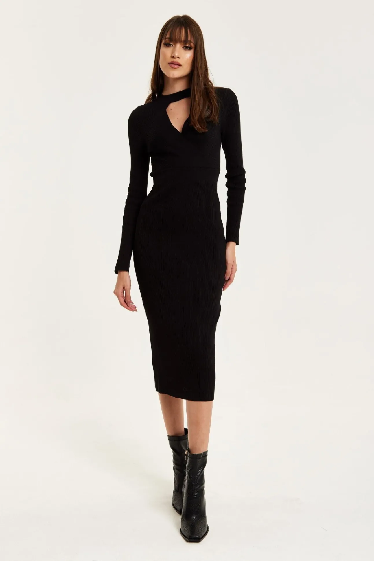 Women Liquorish Cut Out Front Ribbed Midi Knit Dress In