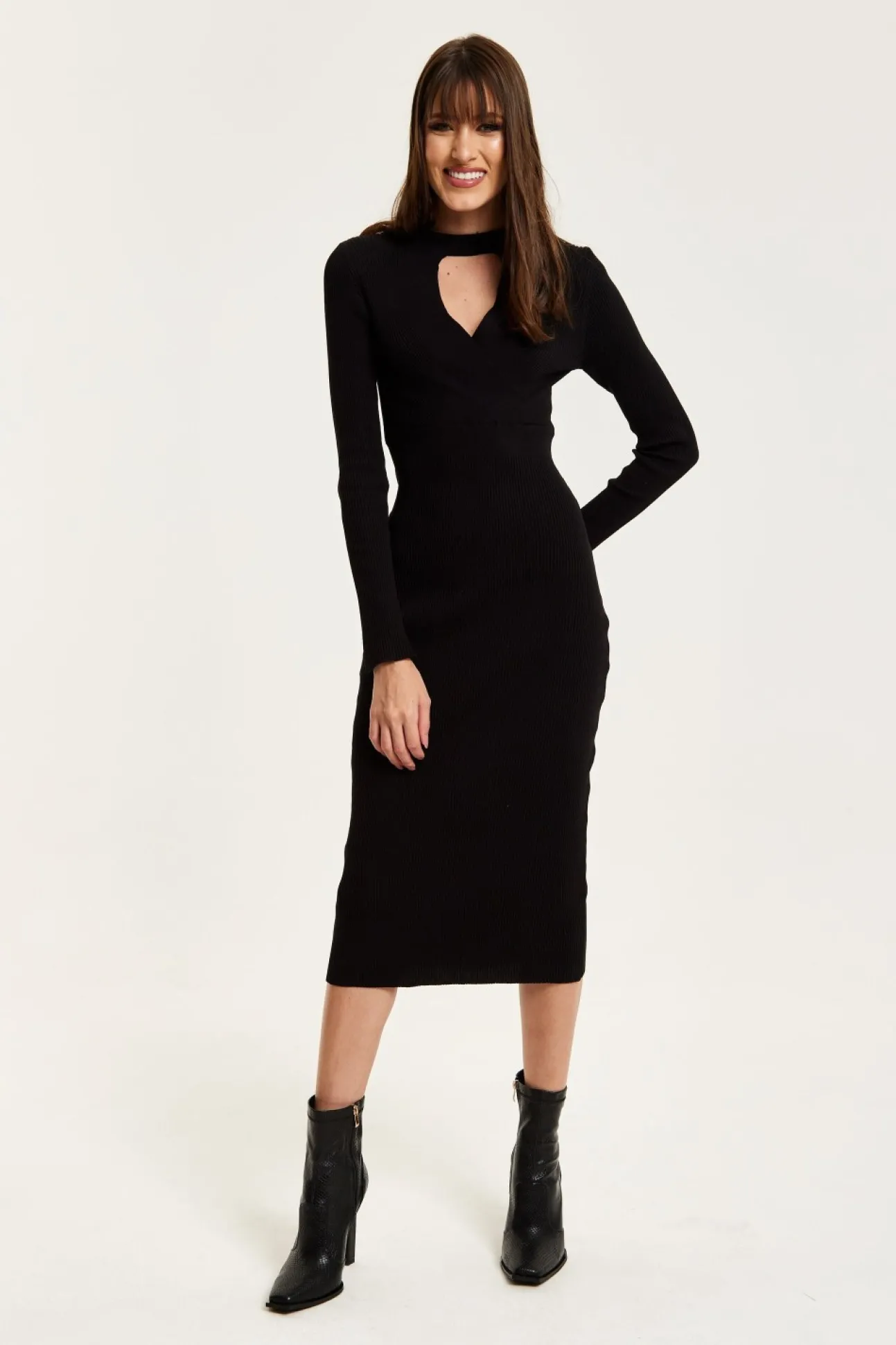 Women Liquorish Cut Out Front Ribbed Midi Knit Dress In