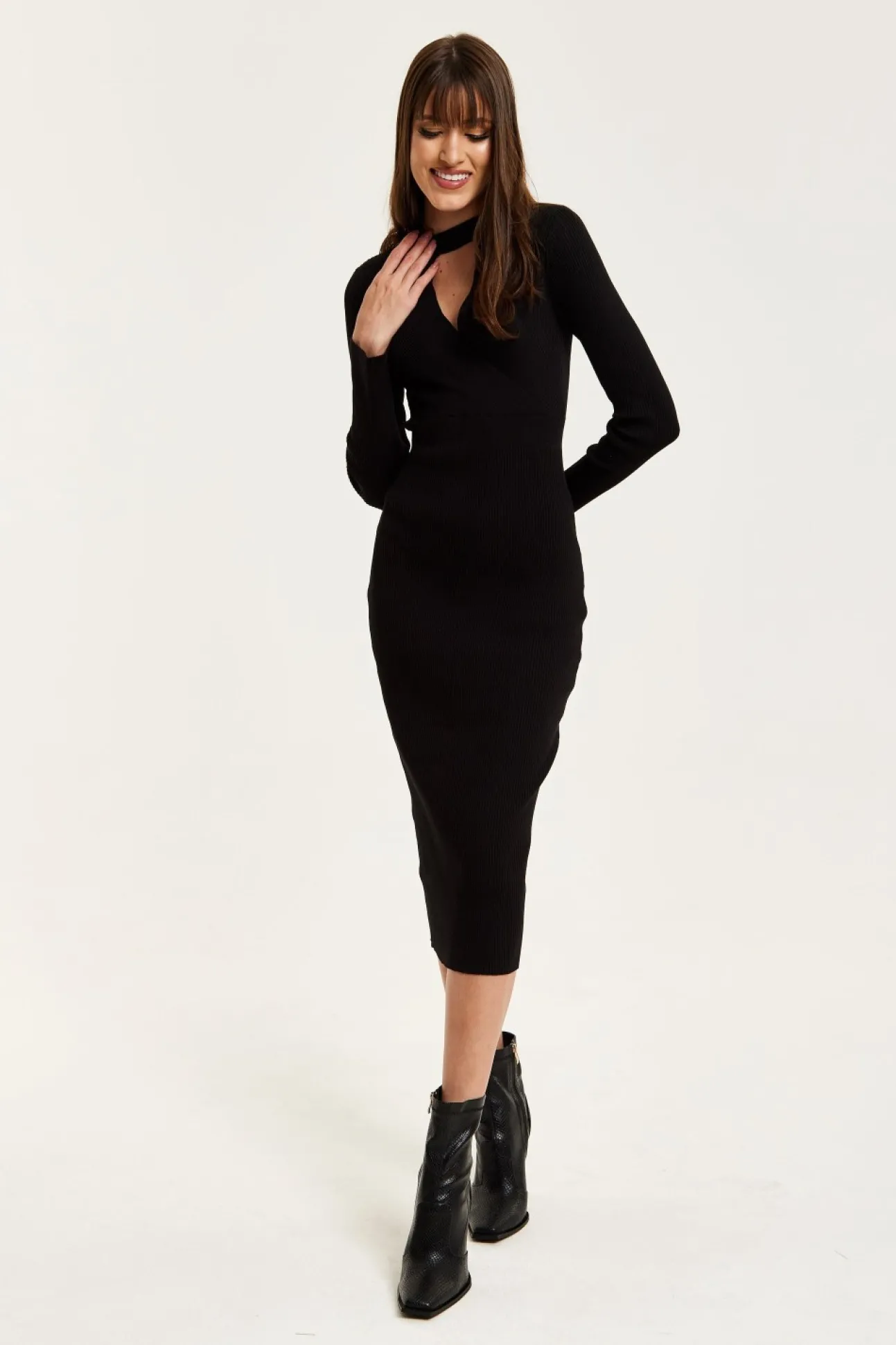 Women Liquorish Cut Out Front Ribbed Midi Knit Dress In