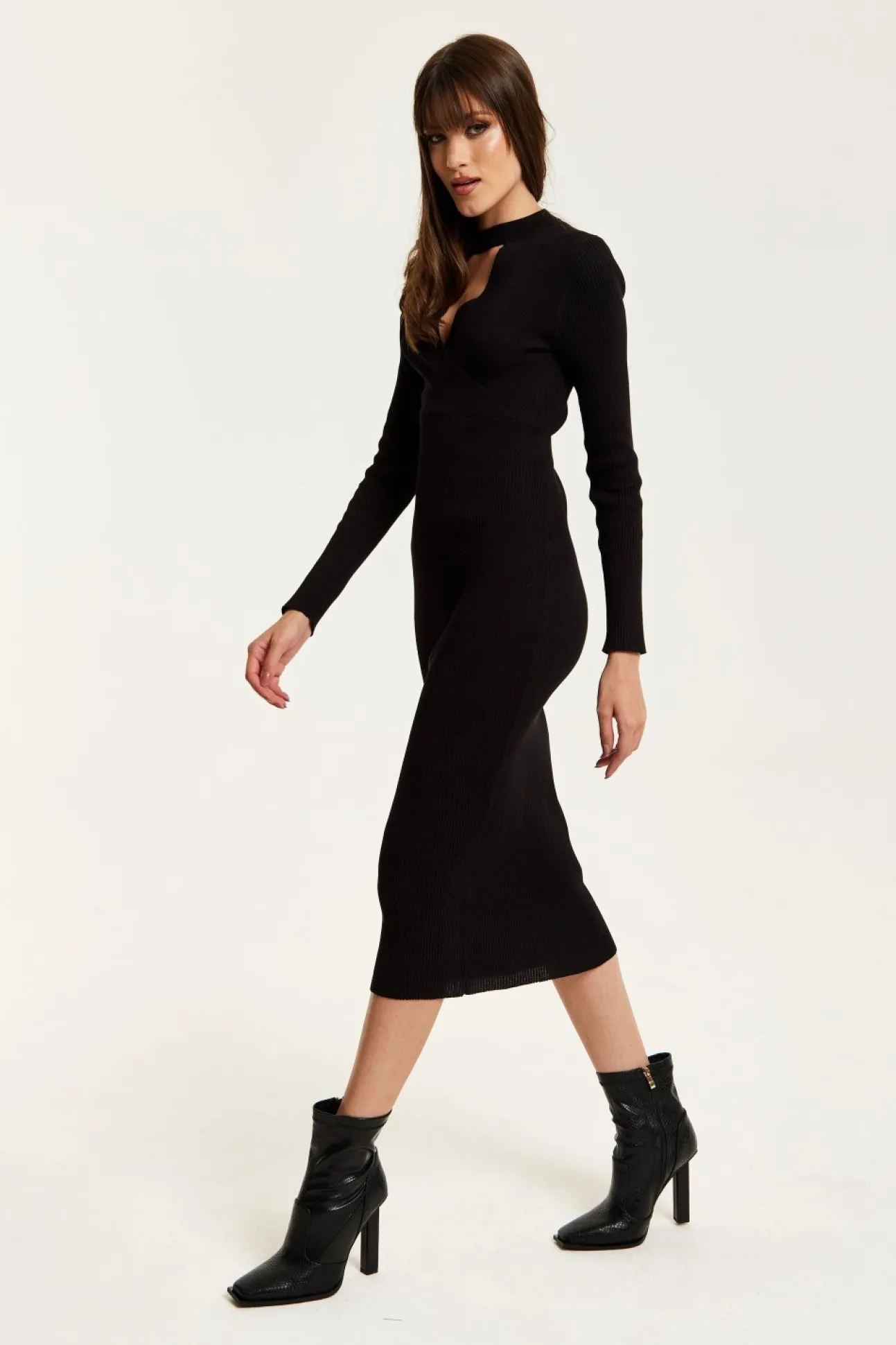 Women Liquorish Cut Out Front Ribbed Midi Knit Dress In
