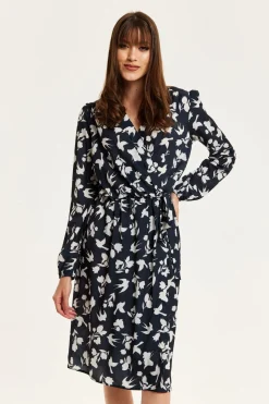 Women Liquorish Floral And Bird Print Midi Fake Wrap Dress In