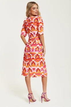 Women Liquorish Floral Knot Front Midi Dress In Orange And Pink