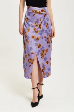 Women Liquorish Floral Midi Skirt With Ruching Detail