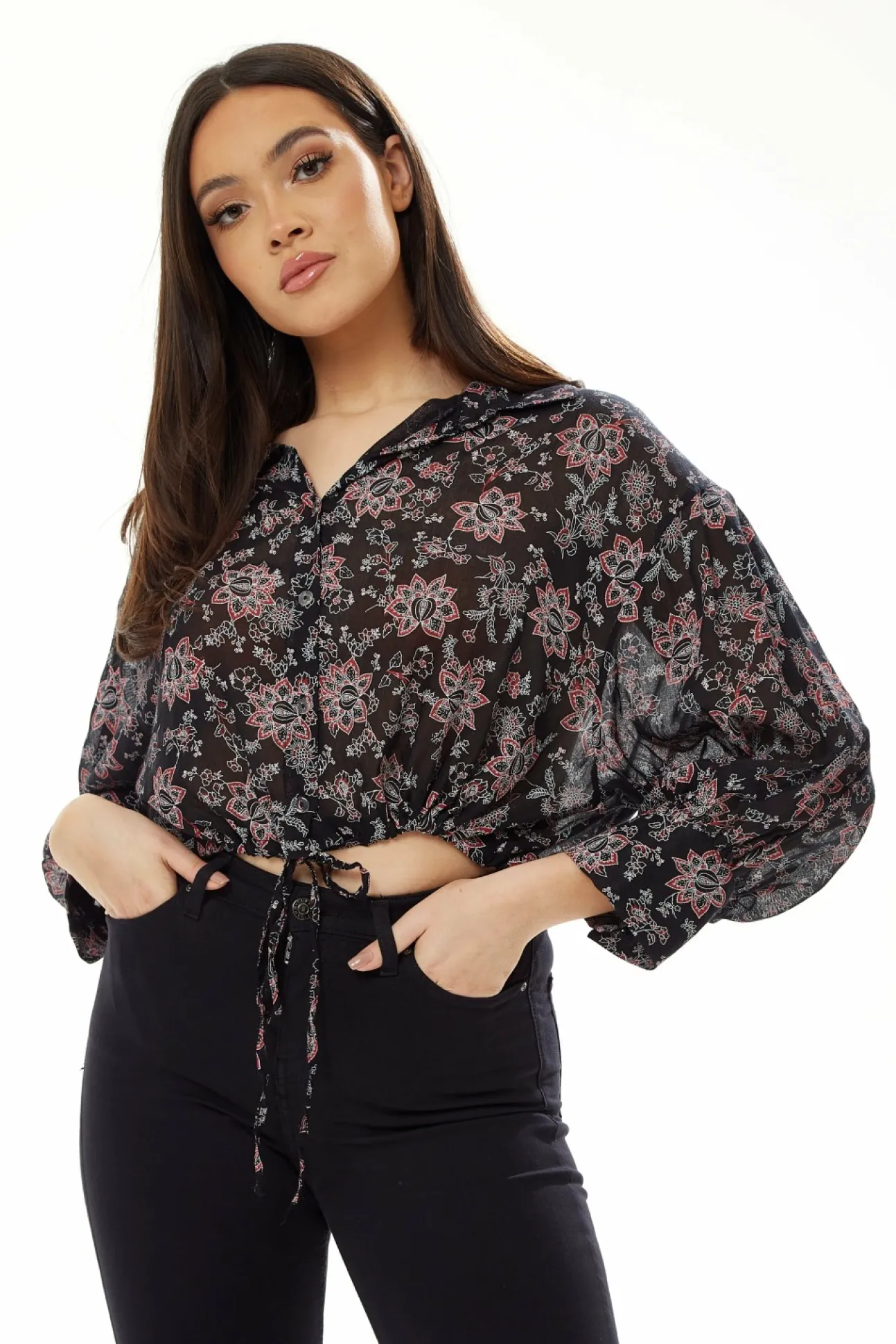 Women Liquorish Floral Print Crop Shirt In