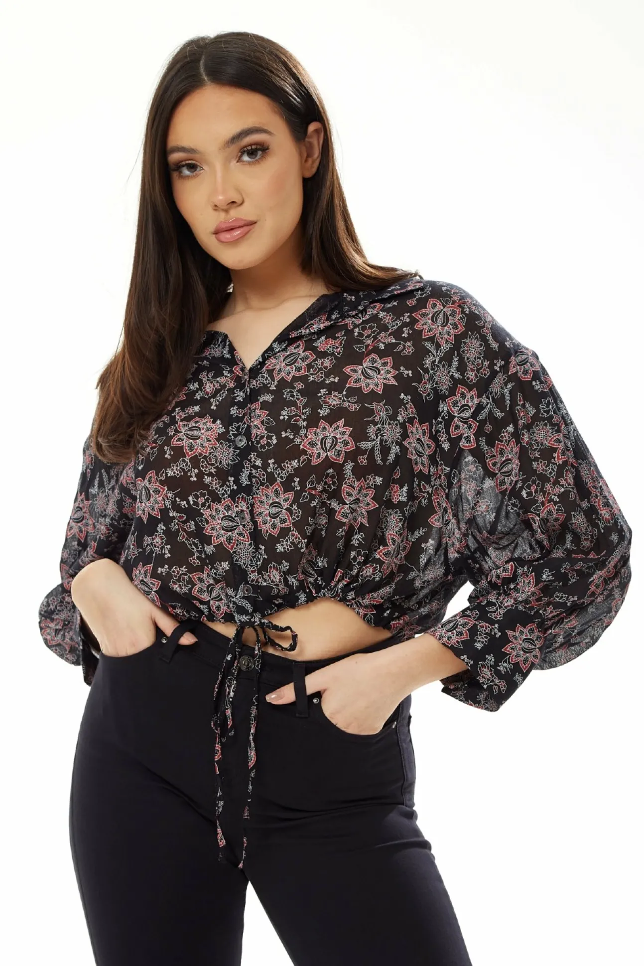 Women Liquorish Floral Print Crop Shirt In