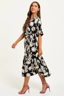 Women Liquorish Floral Print Midi Wrap Dress With Kimono Sleeves