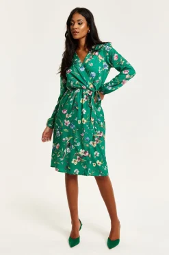 Women Liquorish Floral Print Midi Fake Wrap Dress