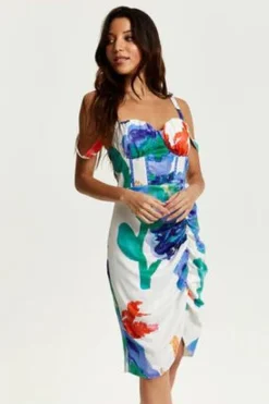 Women Liquorish Floral Print Ruched White Based Mini Dress