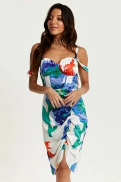 Women Liquorish Floral Print Ruched White Based Mini Dress